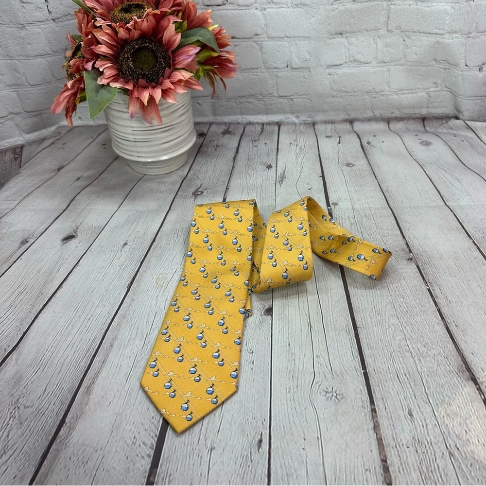 Bird dog bay silk tie hand made clouds ski lift gondola air tram preppy business